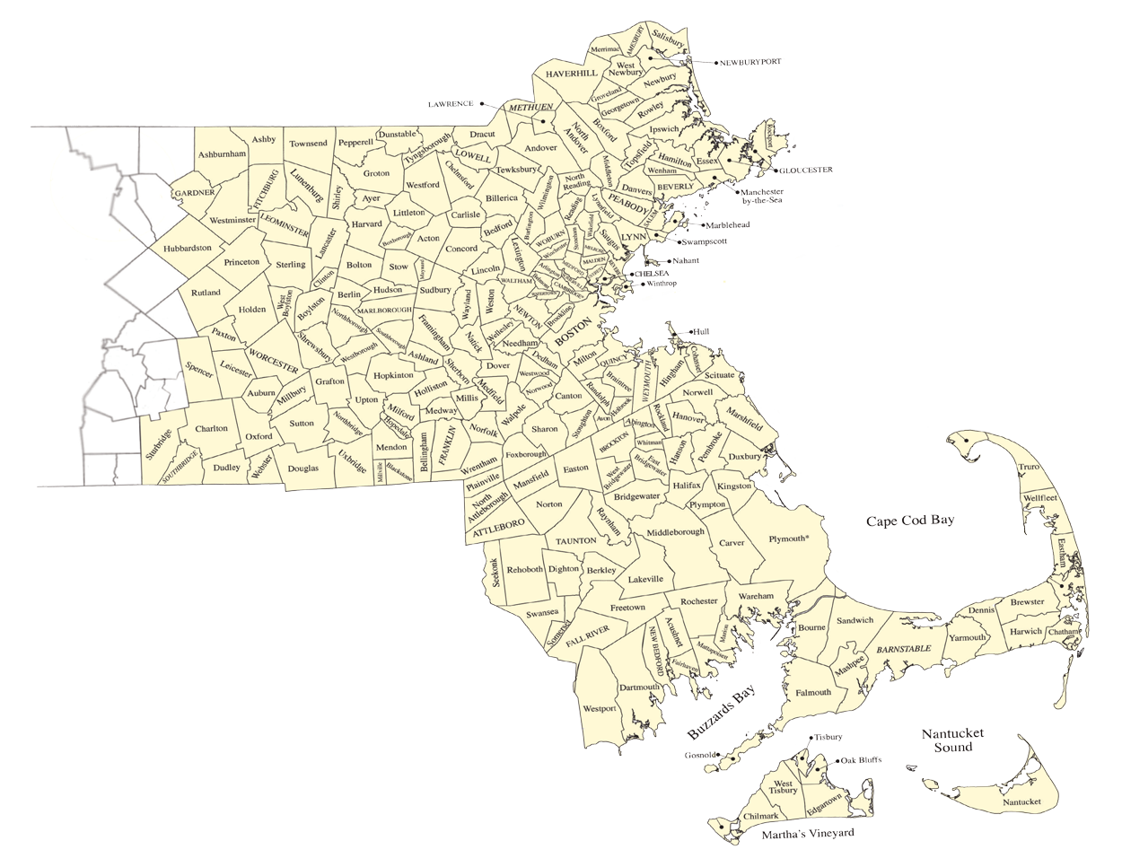 Image of map of Massachusetts highlighting towns Sostek services.