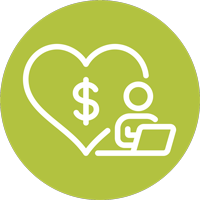 Icon of heart and person sitting at a computer.